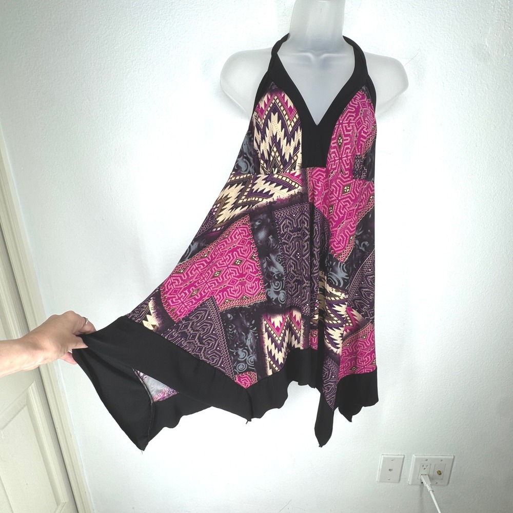 Vintage Y2K Babydoll Patchwork Tribal Halter Handkerchief Hem Tunic Top Large